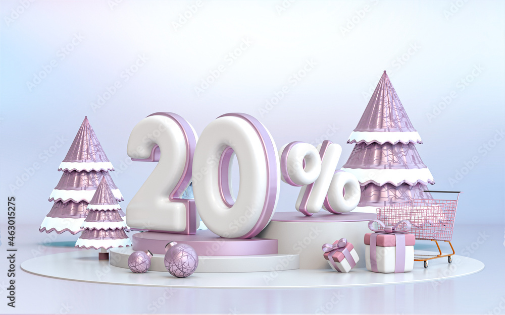 20 percent winter special offer discount background for social media Promotion poster. 3d rendering