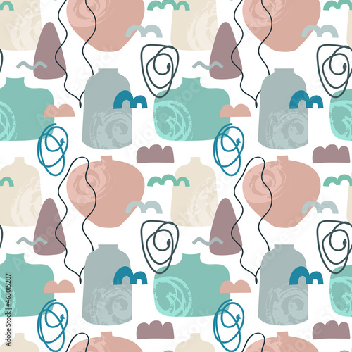 Seamless pattern of vessels, abstract shapes and abstract lines. Ceramic dishes for interior decoration. Best for textiles, wrapping paper, advertising, packaging.