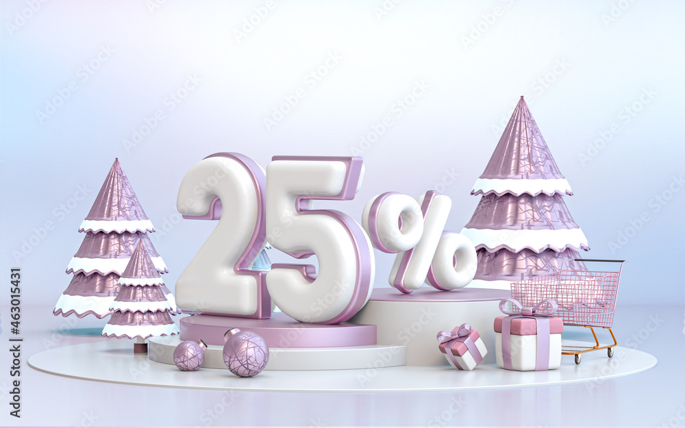 25 percent winter special offer discount background for social media Promotion poster. 3d rendering