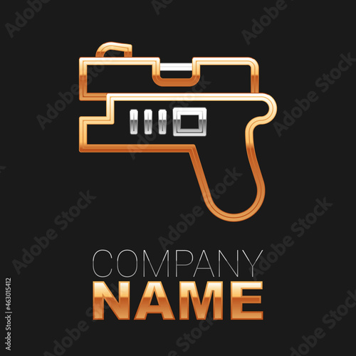 Line Futuristic space gun blaster icon isolated on black background. Laser Handgun. Alien Weapon. Colorful outline concept. Vector