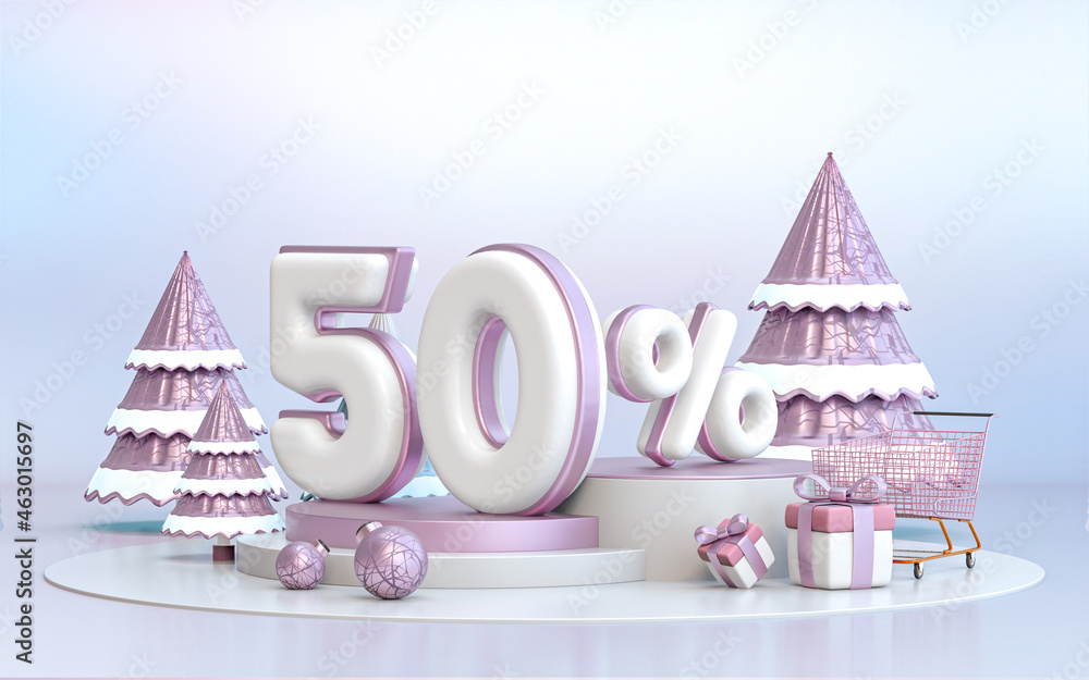 50 percent winter special offer discount background for social media Promotion poster. 3d rendering