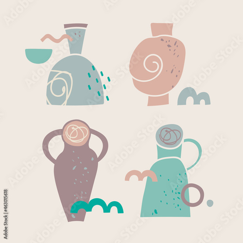 A set of four vessels and abstract elements. Ceramic dishes for interior decoration. Design for cosmetics, spa and perfume. Best for textile, wrapping paper, post cards, advertising, packaging.