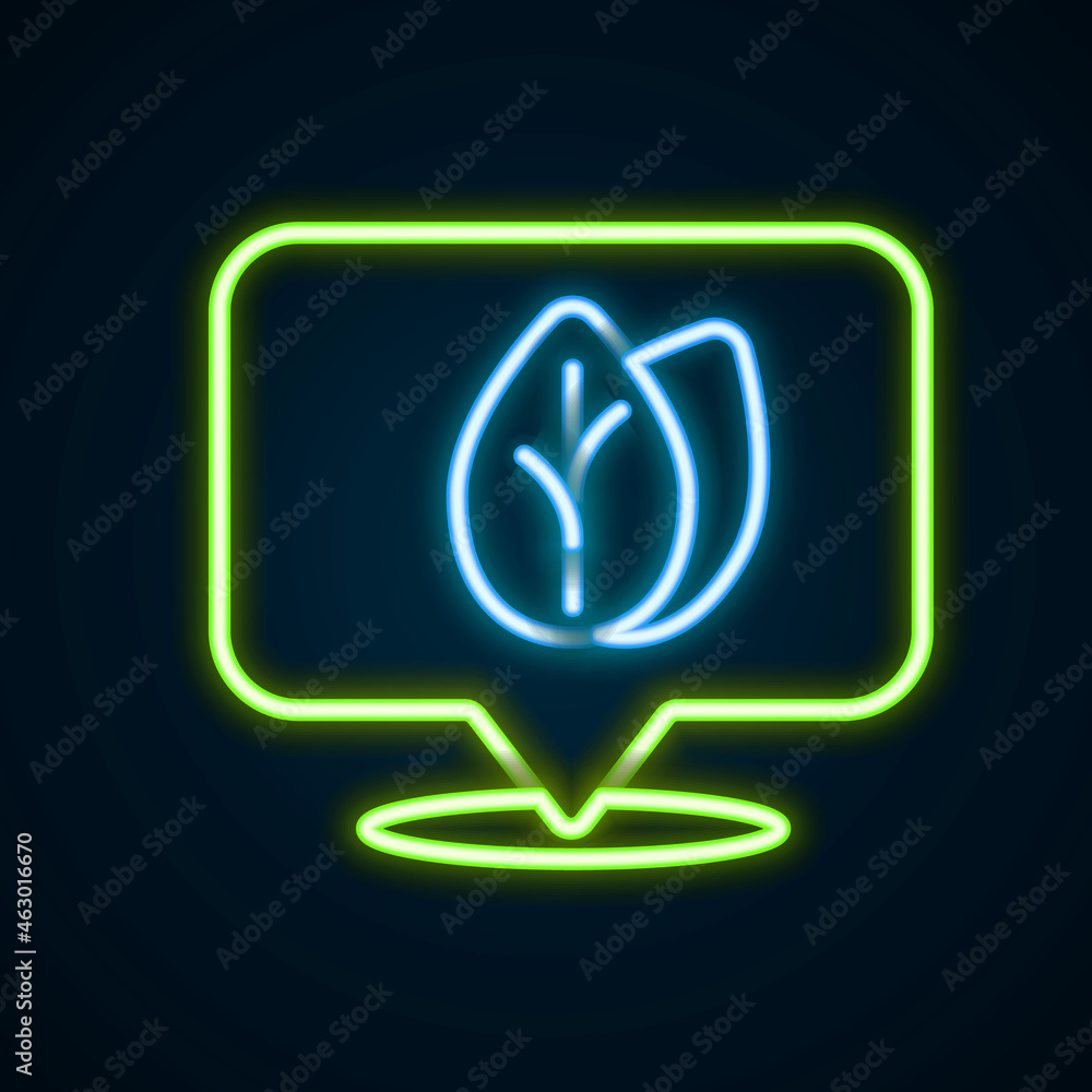 Glowing neon line Location pin with leaf inside icon isolated on black background. Leaves sign. Fresh natural product symbol. Colorful outline concept. Vector Glowing neon line Location pin with leaf inside icon isolated on black background. Leaves sign. Fresh natural product symbol. Colorful outline concept. Vector