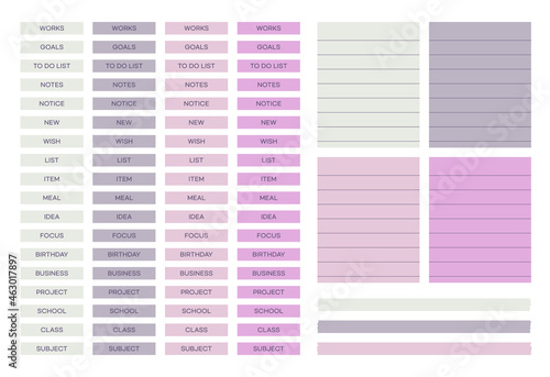 Set of digital sticker graphic illustrations for use in diaries, calendars, planners.