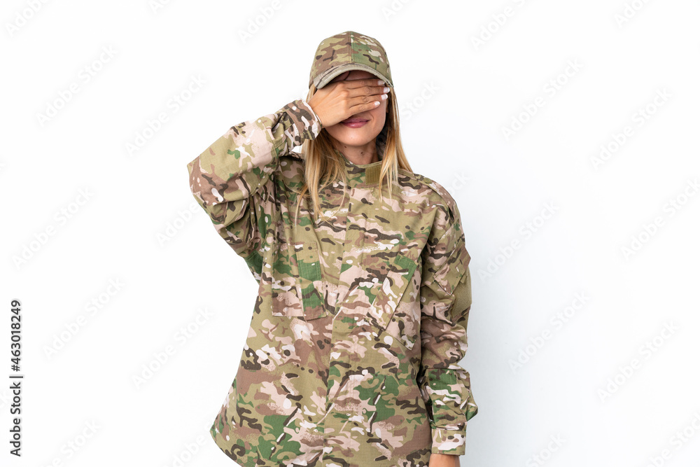 Military woman isolated on white background covering eyes by hands. Do not want to see something Military woman isolated on white background covering eyes by hands. Do not want to see something