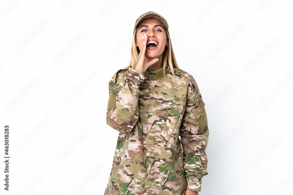 Military woman isolated on white background shouting with mouth wide open Military woman isolated on white background shouting with mouth wide open