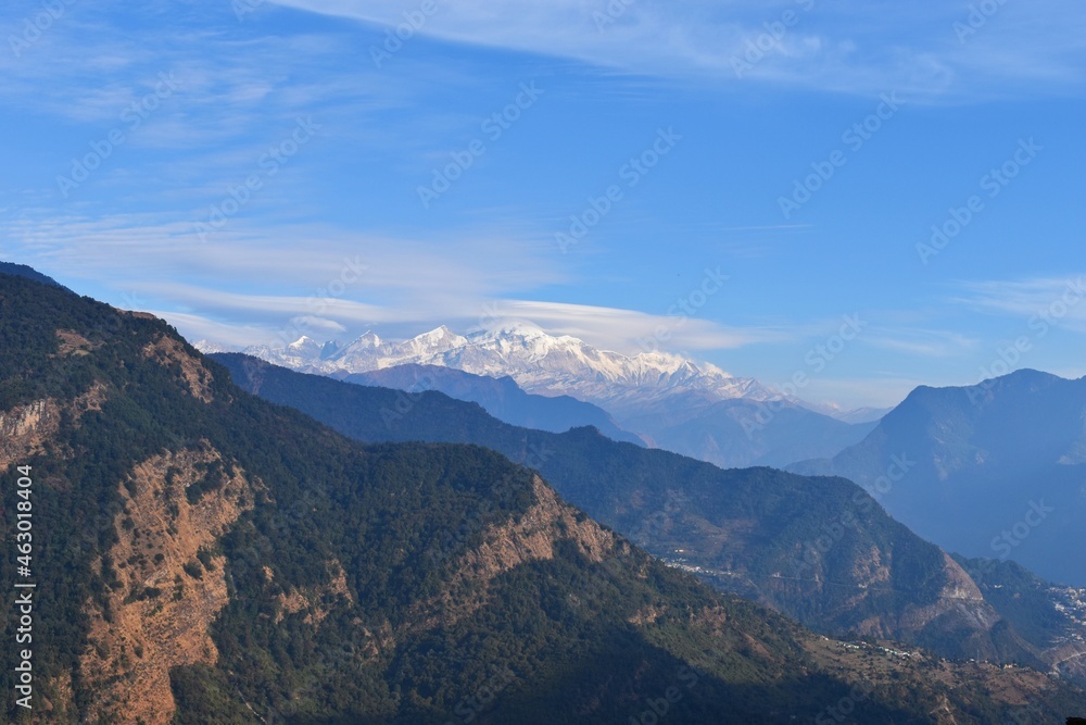Panoramic Himalayan mountains view from Chandrashila summit, Chopta. Chandrashila is a peak in the Himalayan ranges in Uttarakhand state of India. It lies at an altitude of 12,083 ft from the sea
