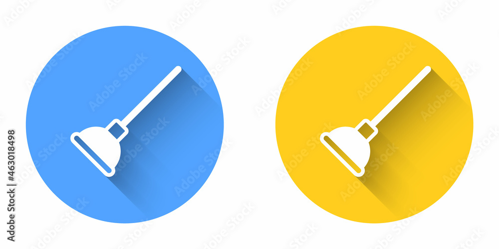 White Rubber plunger with wooden handle for pipe cleaning icon isolated with long shadow background. Toilet plunger. Circle button. Vector White Rubber plunger with wooden handle for pipe cleaning icon isolated with long shadow background. Toilet plunger. Circle button. Vector