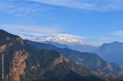 Fototapeta Naklejka Na Ścianę i Meble -  Panoramic Himalayan mountains view from Chandrashila summit, Chopta. Chandrashila is a peak in the Himalayan ranges in Uttarakhand state of India. It lies at an altitude of 12,083 ft from the sea