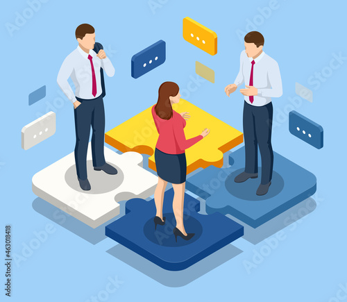 Isometric people connecting puzzle elements. Business teamwork, cooperation, partnership. Team work, team building, corporate organization. Puzzle teamwork.