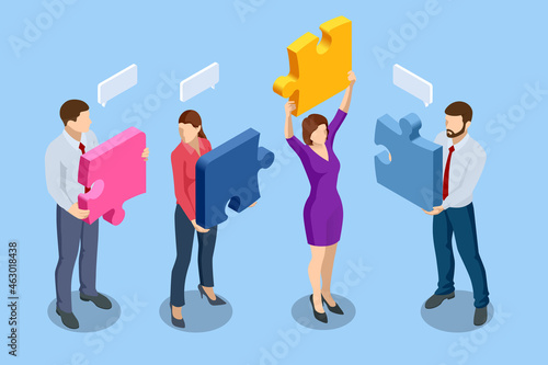 Isometric people connecting puzzle elements. Business teamwork, cooperation, partnership. Team work, team building, corporate organization. Puzzle teamwork.