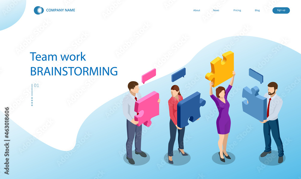 Isometric people connecting puzzle elements. Business teamwork, cooperation, partnership. Team work, team building, corporate organization. Puzzle teamwork.
