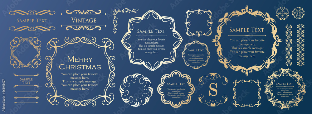 クリスマスをイメージしたフレームデザインのセット。アンティーク。ビンテージ。エレガント	