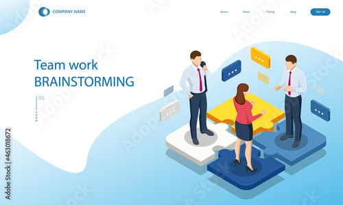 Isometric people connecting puzzle elements. Business teamwork, cooperation, partnership. Team work, team building, corporate organization. Puzzle teamwork.