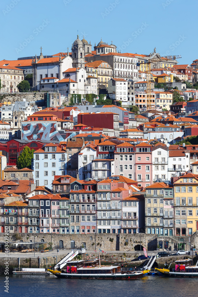Porto Portugal old town buildings World Heritage with Douro river travel portrait format