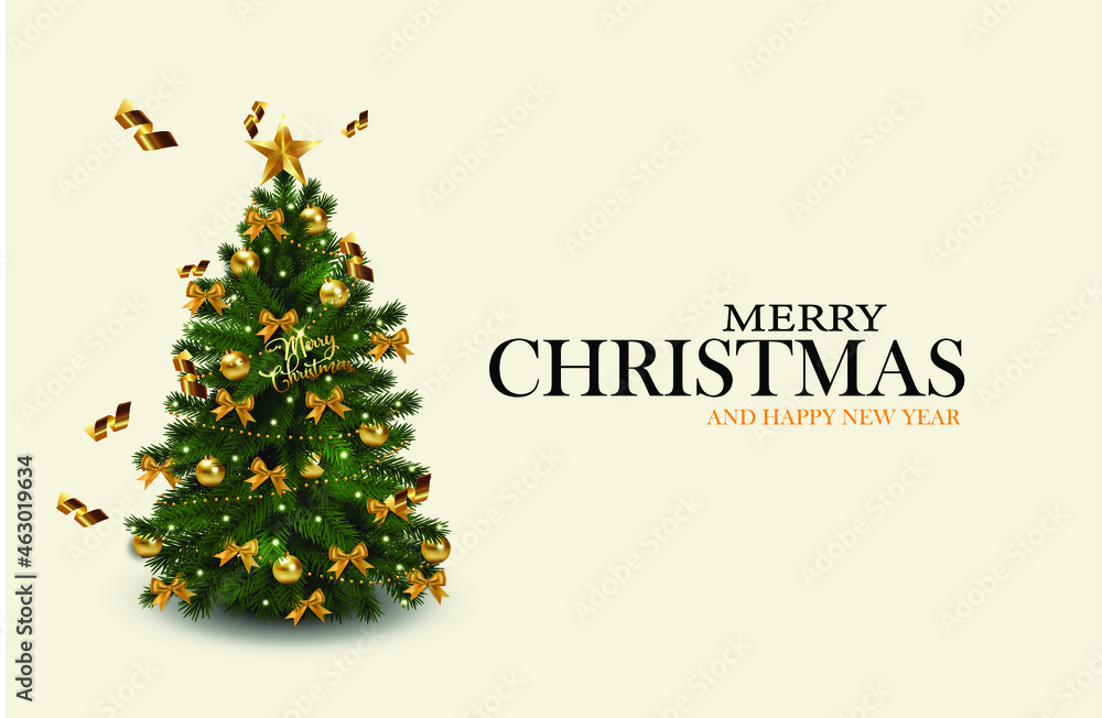 Christmas and New Year background. Xmas pine fir lush tree. Glass Balls hanging on ribbon. Bright Winter holiday composition. Greeting card, banner, poster. vector Illustration Christmas and New Year background. Xmas pine fir lush tree. Glass Balls hanging on ribbon. Bright Winter holiday composition. Greeting card, banner, poster. vector Illustration