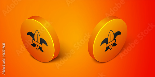 Isometric Fleur de lys or lily flower icon isolated on orange background. Orange circle button. Vector