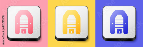 Isometric Inflatable boat with outboard motor icon isolated on pink, yellow and blue background. Square button. Vector
