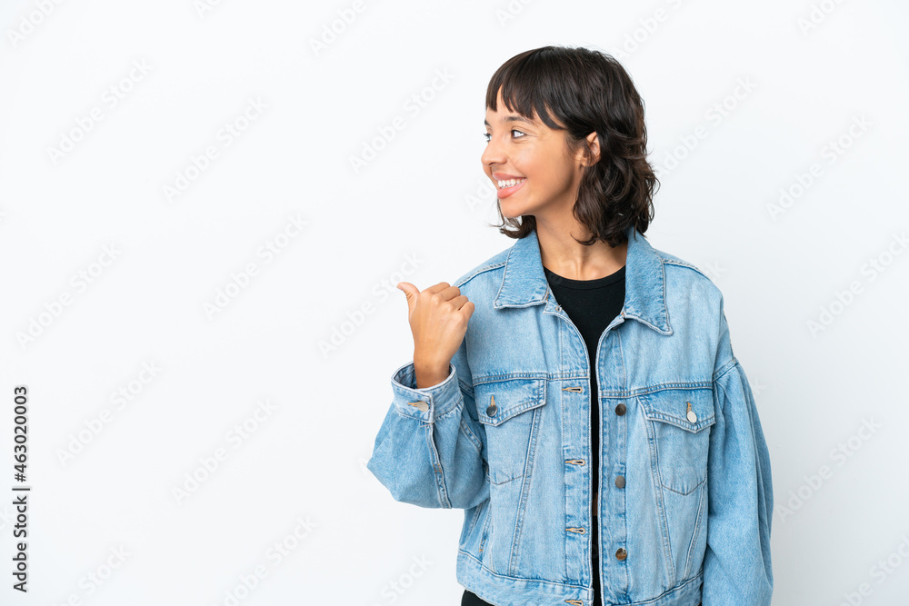 Young mixed race woman isolated on white background pointing to the side to present a product Young mixed race woman isolated on white background pointing to the side to present a product