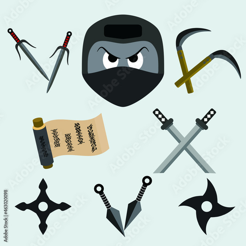 Collection of ninja with accessories vector. shuriken weapon, katana, Ninja Sword.