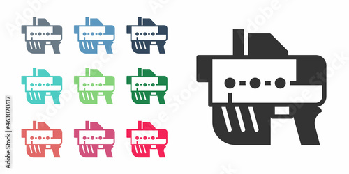 Black Futuristic space gun blaster icon isolated on white background. Laser Handgun. Alien Weapon. Set icons colorful. Vector