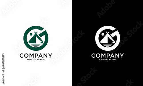 letter G logo with camping tent symbol, glamping logo trend.