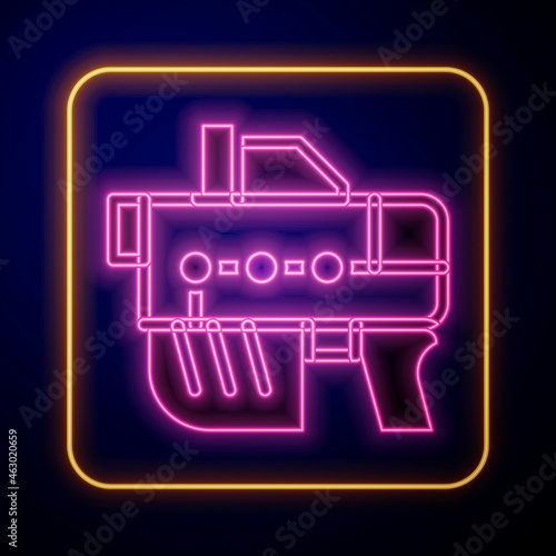 Glowing neon Futuristic space gun blaster icon isolated on black background. Laser Handgun. Alien Weapon. Vector