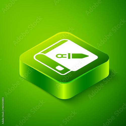 Isometric Book about weapon icon isolated on green background. Small firearm. Weapon catalog. Green square button. Vector
