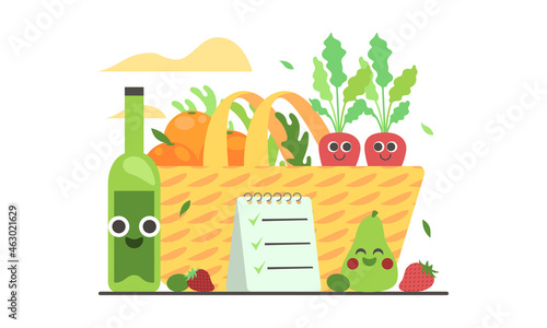 Panier légumes fruits huile d'olive frais bio organique orange liste alimentation commerce vente sourire mignon enfant poire radis marché