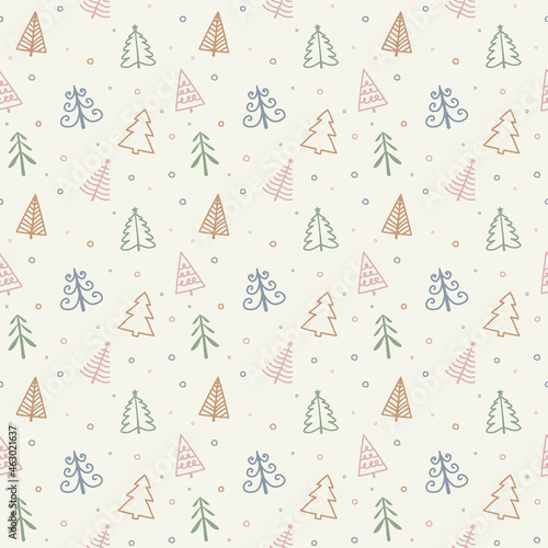 Christmas pattern with hand drawn trees. Vector