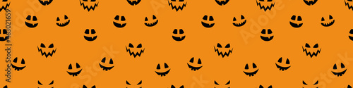 Funny Halloween texture with funny pumpkin face. Seamless pattern. Banner. Vector