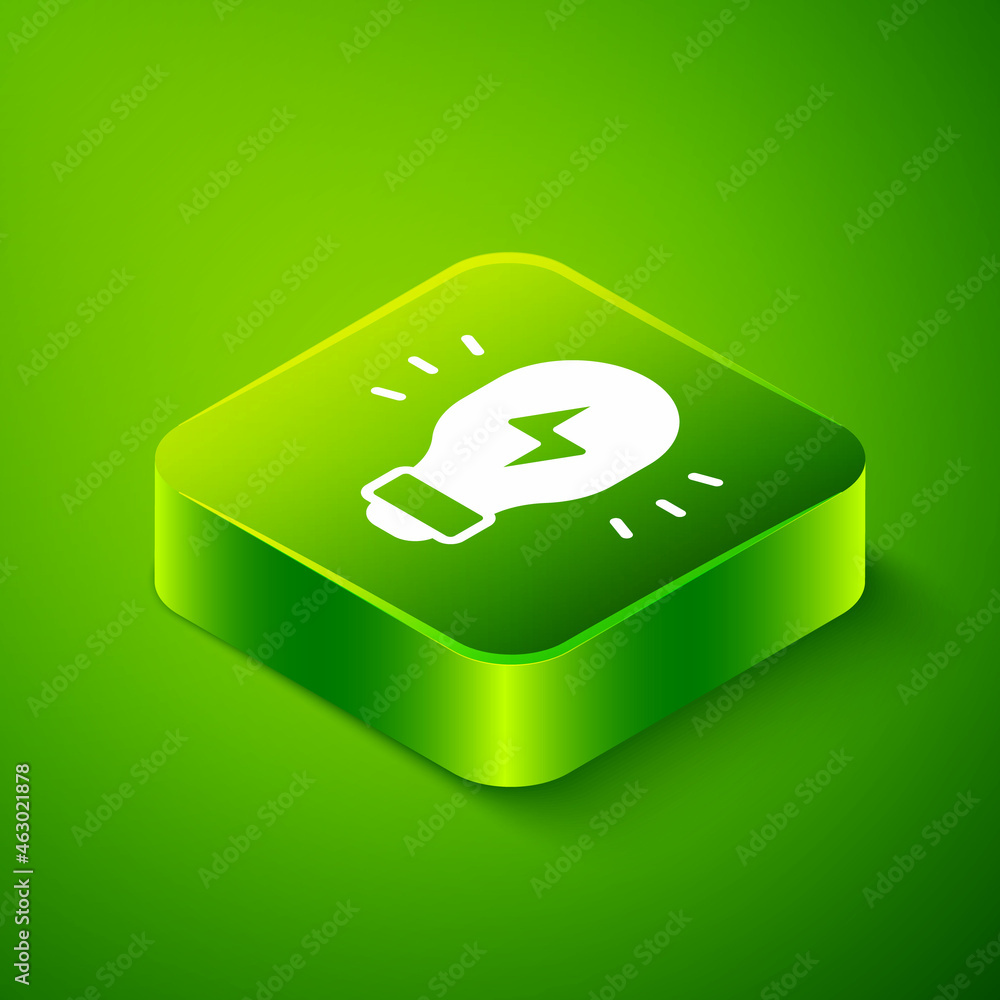 Isometric Creative lamp light idea icon isolated on green background. Concept ideas inspiration, invention, effective thinking, knowledge and education. Green square button. Vector Isometric Creative lamp light idea icon isolated on green background. Concept ideas inspiration, invention, effective thinking, knowledge and education. Green square button. Vector