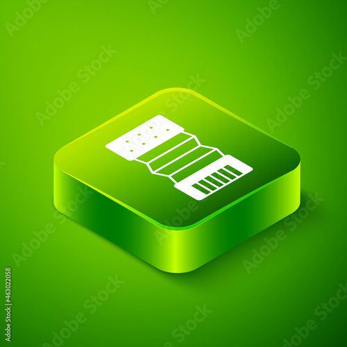 Isometric Musical instrument accordion icon isolated on green background. Classical bayan, harmonic. Green square button. Vector