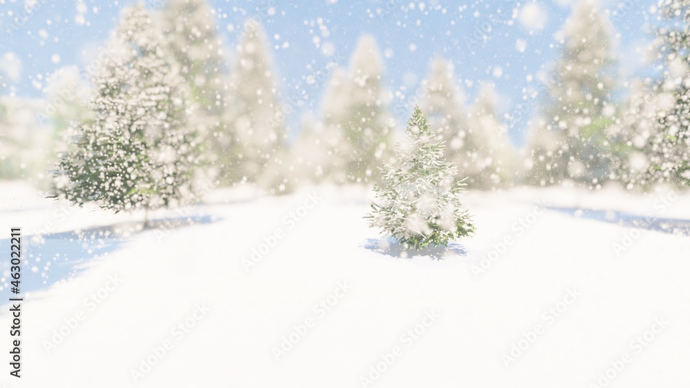Fototapeta premium Christmas winter background snowflakes falling down on fir-trees bokeh 3d render