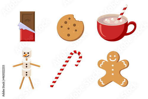 Christmas Sweets Collection. Flat Style. Chocolate, Coockie, Cacao, Marshmallow Snowman, Gingerbread man and Candy. Winter Holiday Set for Greeting and Invitation Design and decoration