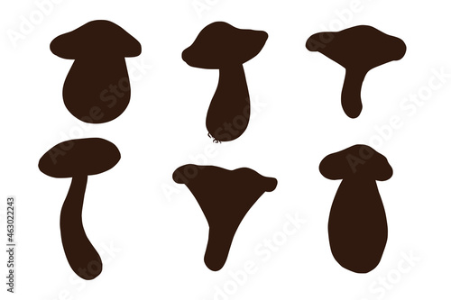 Forest Mushroom Shadows Collection. White mushroom, russula, boletus, chanterelle. Set of edible mushroom silhouettes for logo, menu, recipe, print, sticker, design and decoration