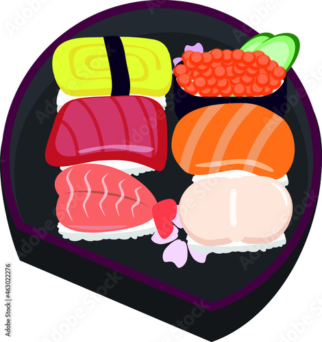 Cute style plate of sushi illustration, The delicious Japanese food.