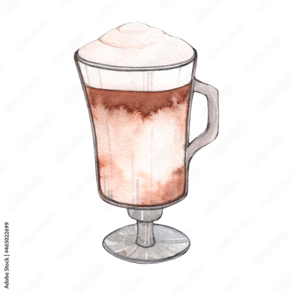 Watercolor drawing glass with latte isolated on white background. A mug of coffee with milk. Watercolor drawing glass with latte isolated on white background. A mug of coffee with milk.