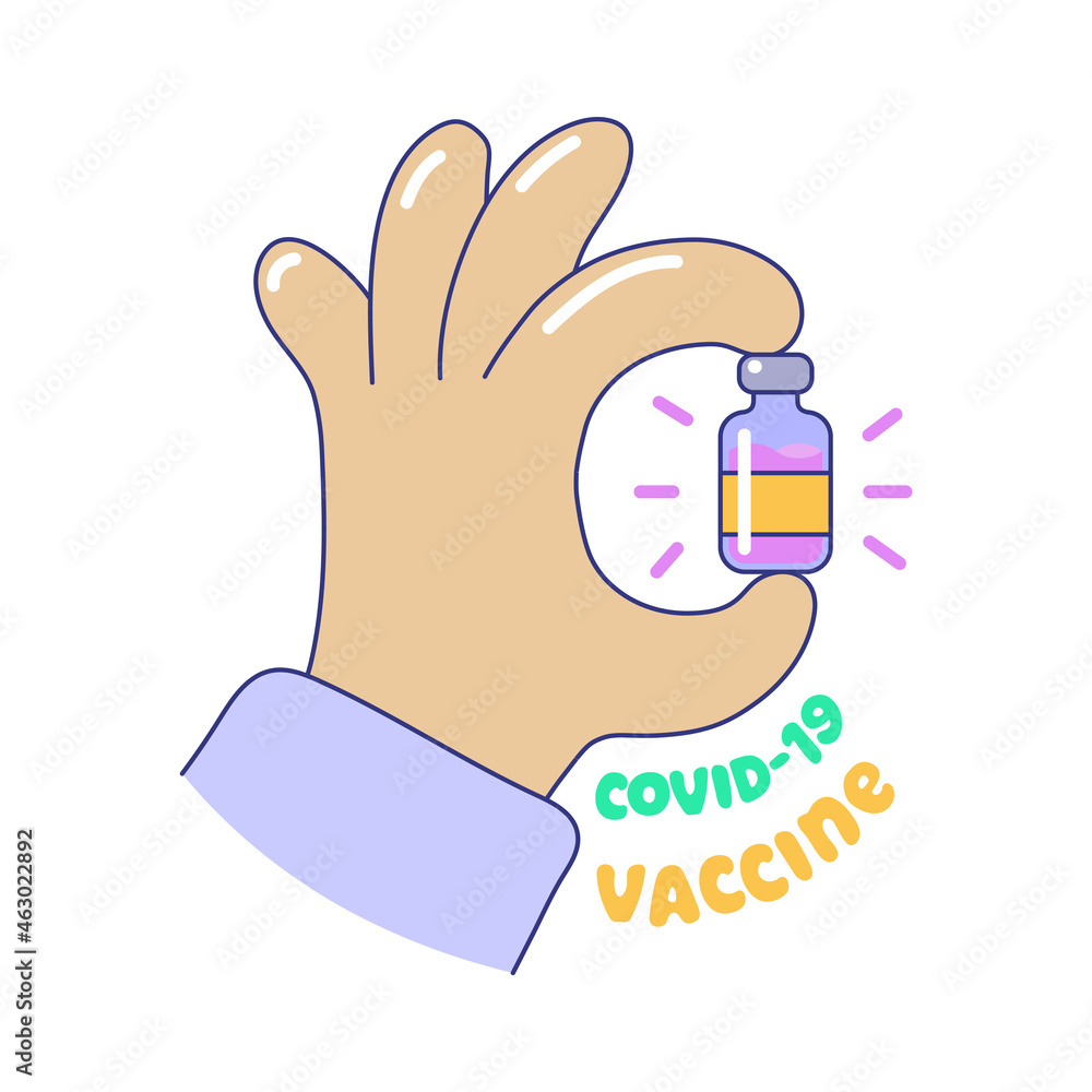 Covid-19 vaccination, hand holding glass vial of vaccine. Prevention of virus spread, immunization campaign concept cartoon vector illustration Covid-19 vaccination, hand holding glass vial of vaccine. Prevention of virus spread, immunization campaign concept cartoon vector illustration