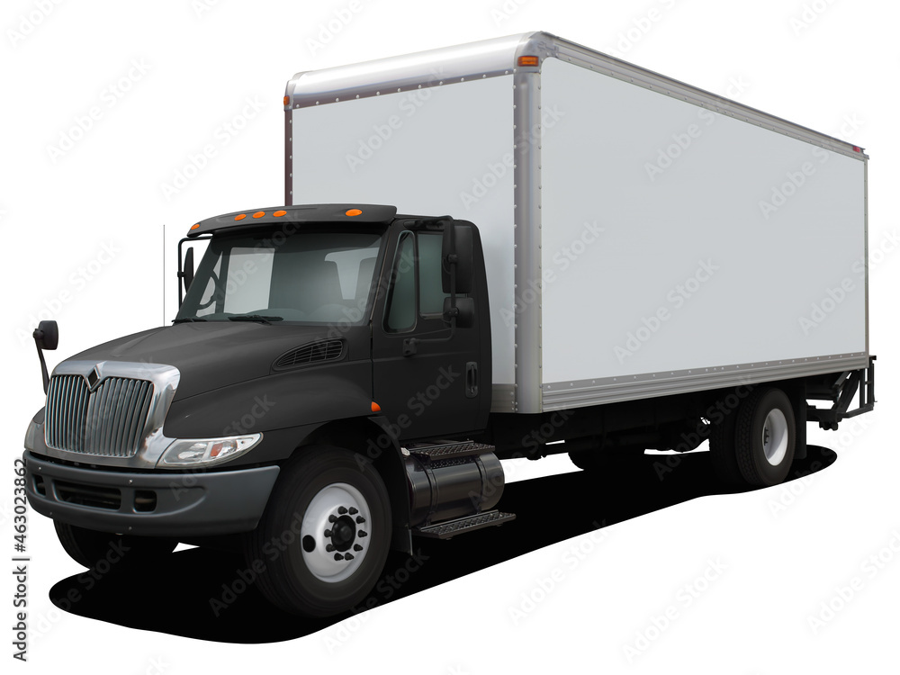 Modern delivery truck with a black cab. Front side view isolated on white background.