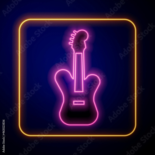 Glowing neon Electric bass guitar icon isolated on black background. Vector