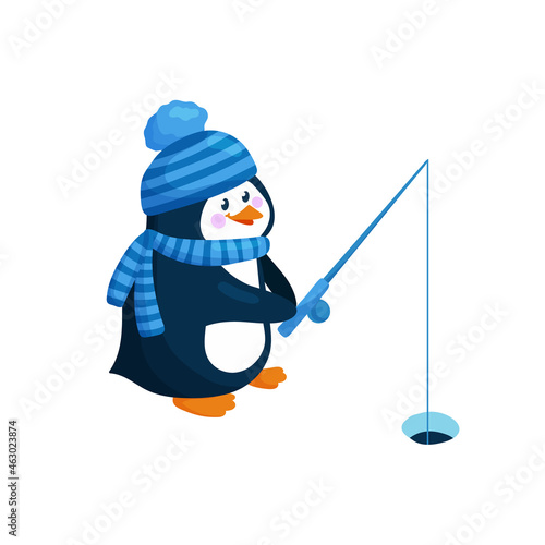 Penguin in hat and scarf in underwater fishing in winter. Cute penguin character with rod is fishing from hole. Winter activity vector illustration isolated on white background