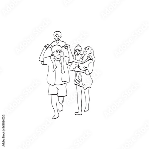 line art happy young family walking on beach illustration vector isolated on white background