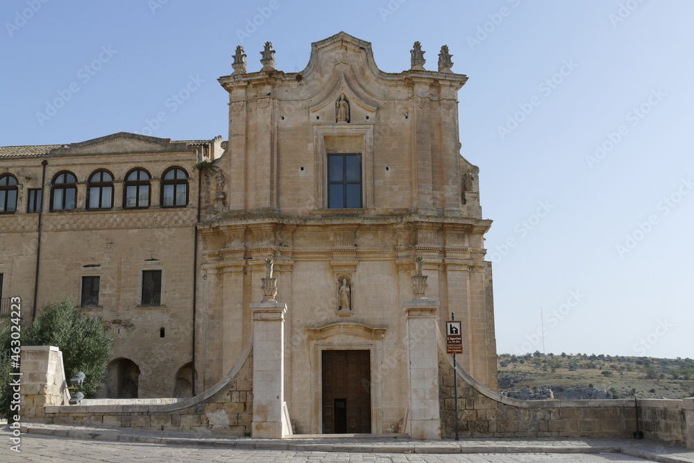 San Agostino church in Matera placed on the precipice of the canyon carved by the Gravina River