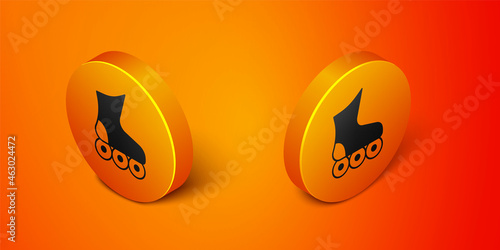 Isometric Roller skate icon isolated on orange background. Orange circle button. Vector