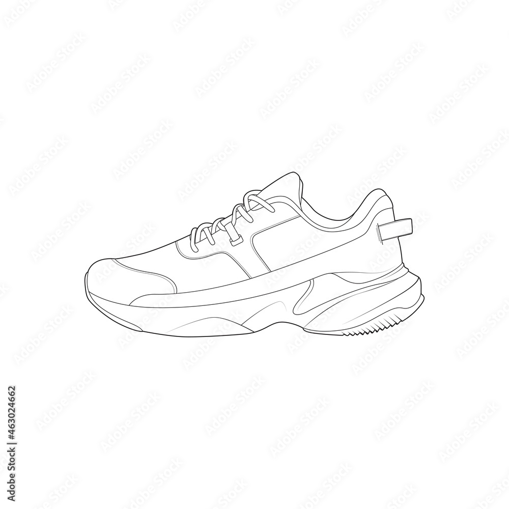 Sneakers outline drawing. Black lines of sport shoe on white background ...