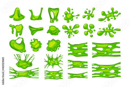 Green slime set. Collection of blots, splashes and smudges. Vector cartoon illustration of liquid