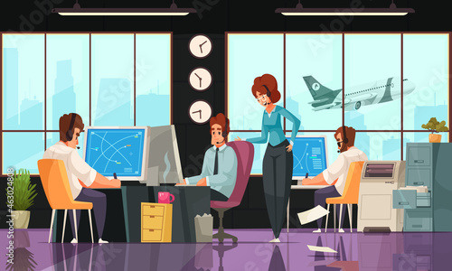 Airport Interior Cartoon Composition