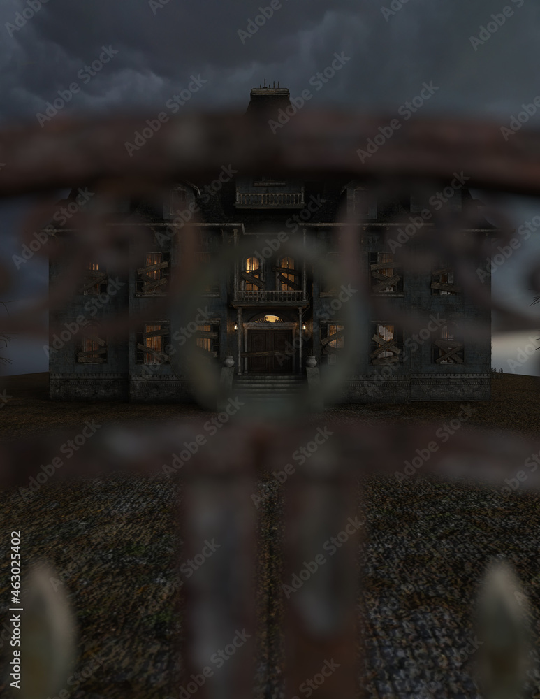 An abandoned and dilapidated spooky mansion with illuminated windows under a gloomy cloudy sky seen through a closed iron gate. 3D rendering.