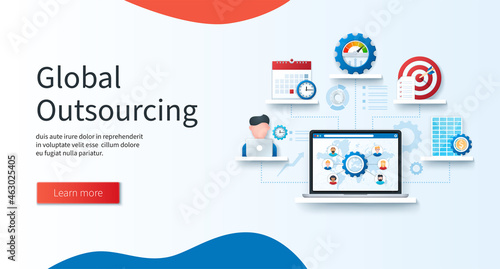 Global outsourcing concept. Laptop with gear and people icons on the screen. Freelancer, schedule, efficiency, goals, corporate icons. Web vector illustrations in 3D style